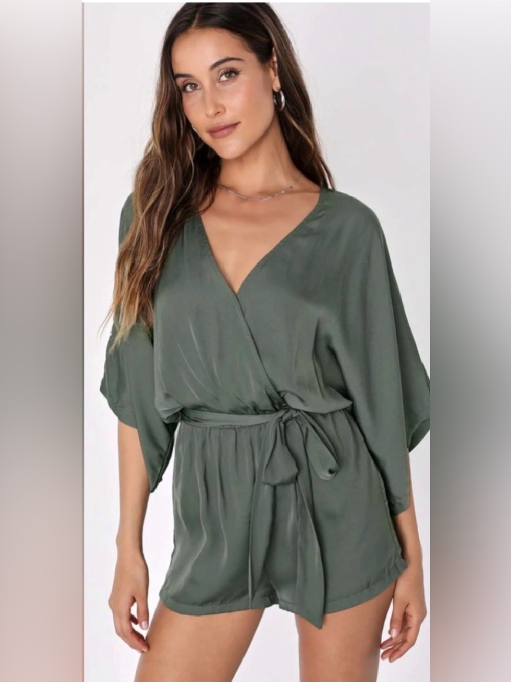 Lulus Ain't It Grand Olive Green Satin Surplice Romper SMALL